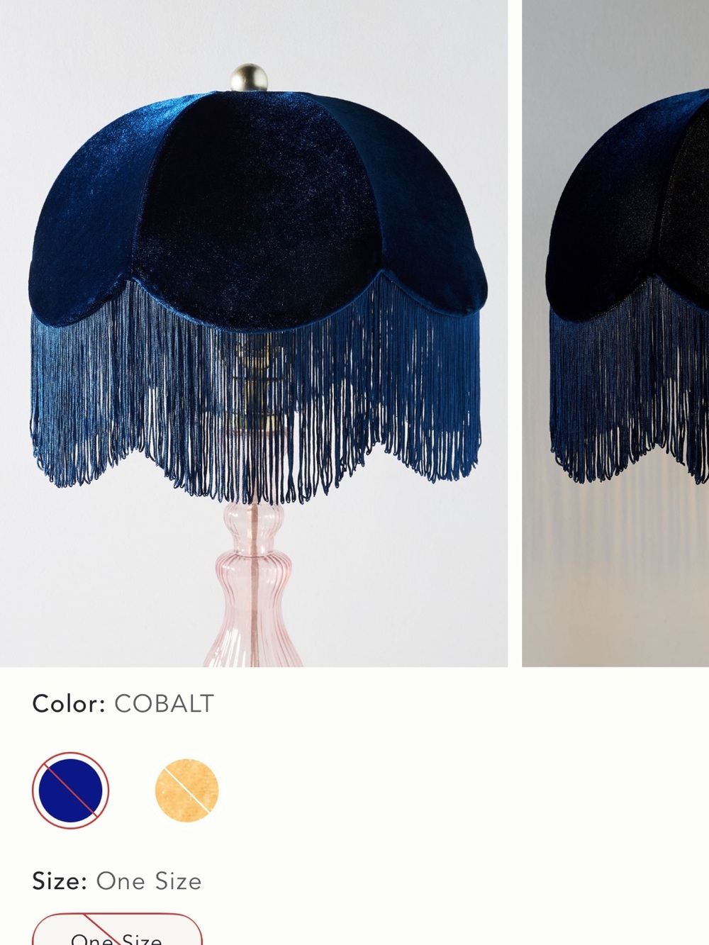 TWO Anthropologie Cobalt Velvet Scalloped Fringe Lamp Shades (selling a pair)